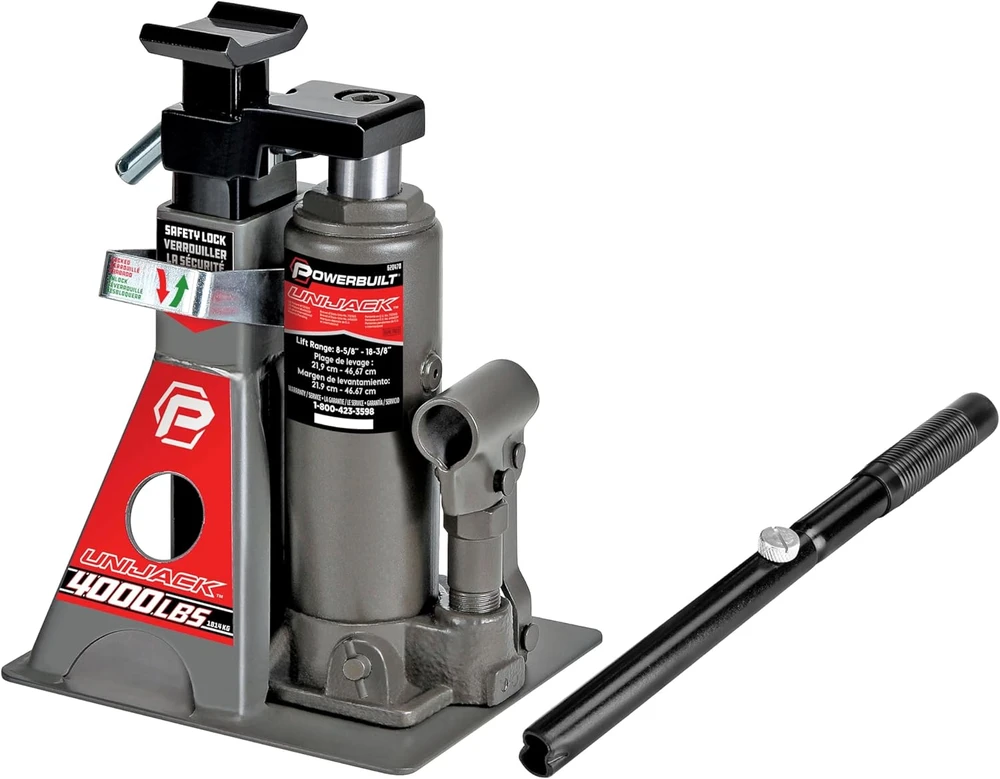 Powerbuilt hidraulinis butelinis domkratas su atrama, 2 t, 21,6–45 cm, Unibody automobiliams, 620470