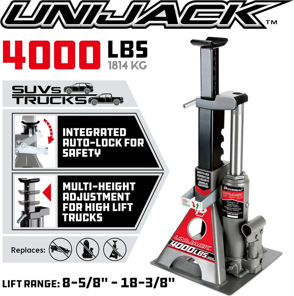 Powerbuilt hidraulinis butelinis domkratas su atrama, 2 t, 21,6–45 cm, Unibody automobiliams, 620470