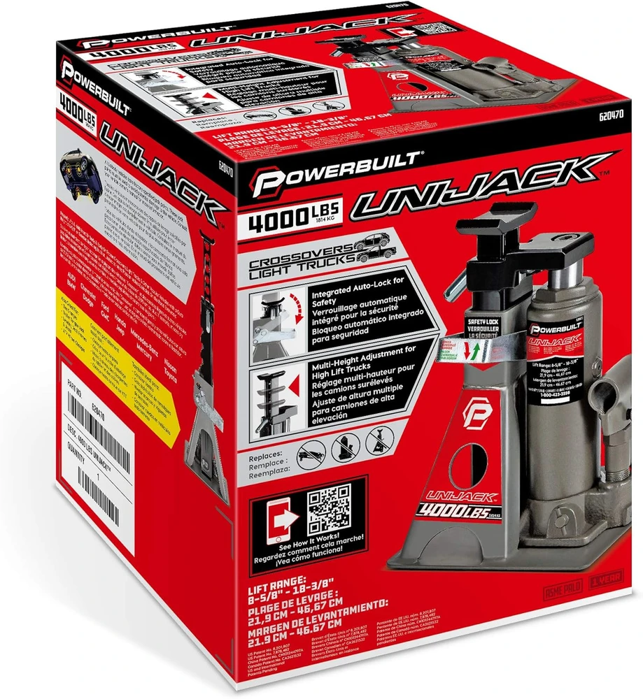 Powerbuilt hidraulinis butelinis domkratas su atrama, 2 t, 21,6–45 cm, Unibody automobiliams, 620470