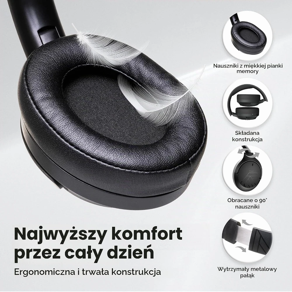 PowerLocus ant ausų dedamos belaidės Bluetooth ausinės su mikrofonu, 60 h, Boom