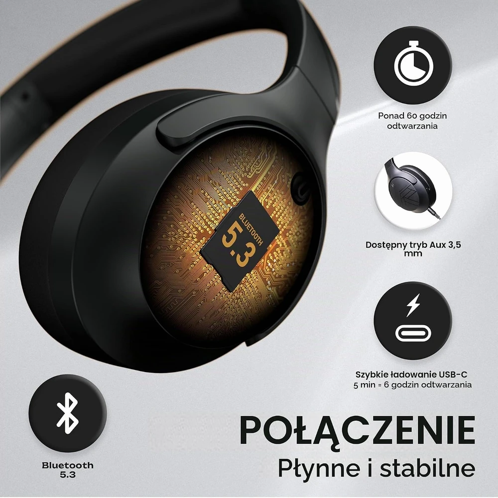 PowerLocus ant ausų dedamos belaidės Bluetooth ausinės su mikrofonu, 60 h, Boom