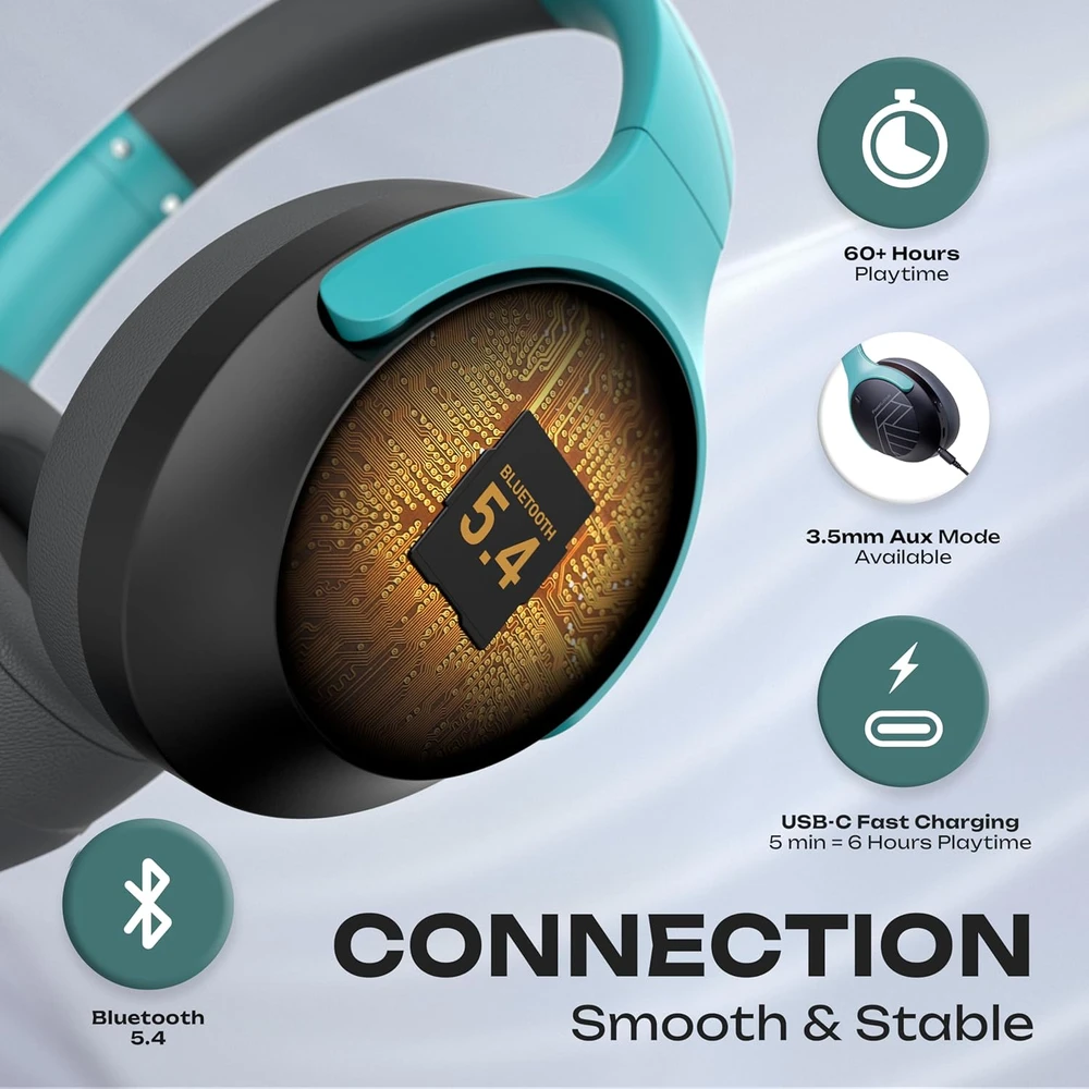 PowerLocus belaidės ausis apgaubiančios ausinės su Bluetooth Boom, Bluetooth 5.3, 60 h