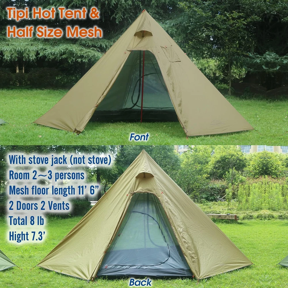Preself tipi palapinė 4 asmenims, lengva, su krosnies anga, aukštis 220 cm, 4 sezonų
