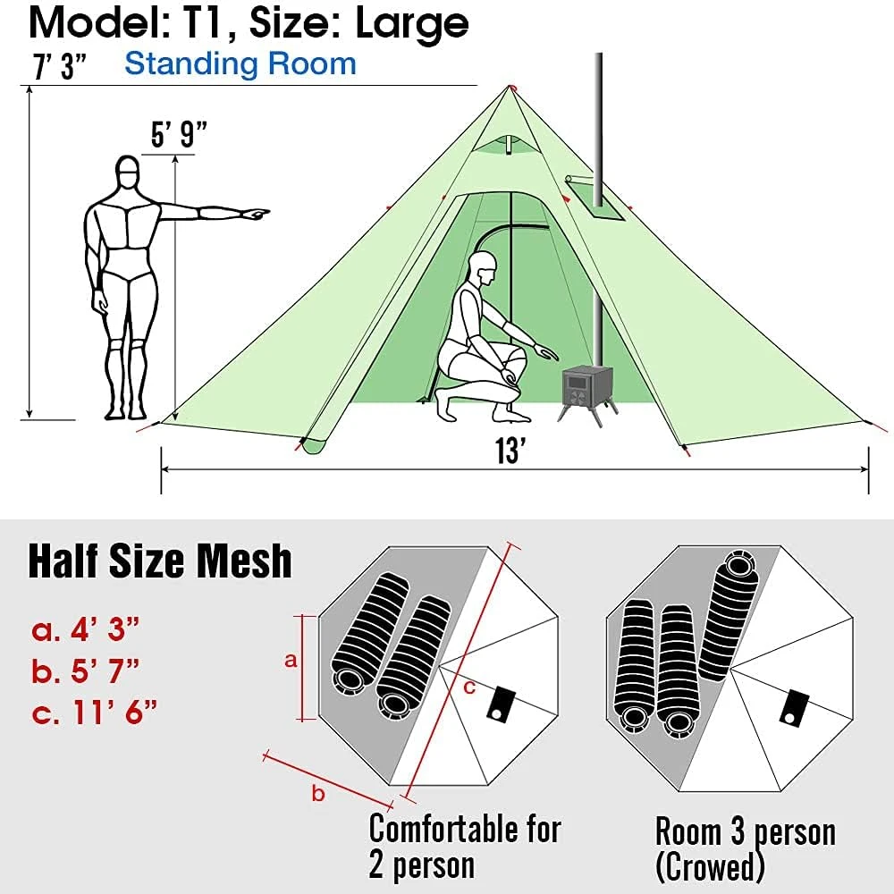 Preself tipi palapinė 4 asmenims, lengva, su krosnies anga, aukštis 220 cm, 4 sezonų