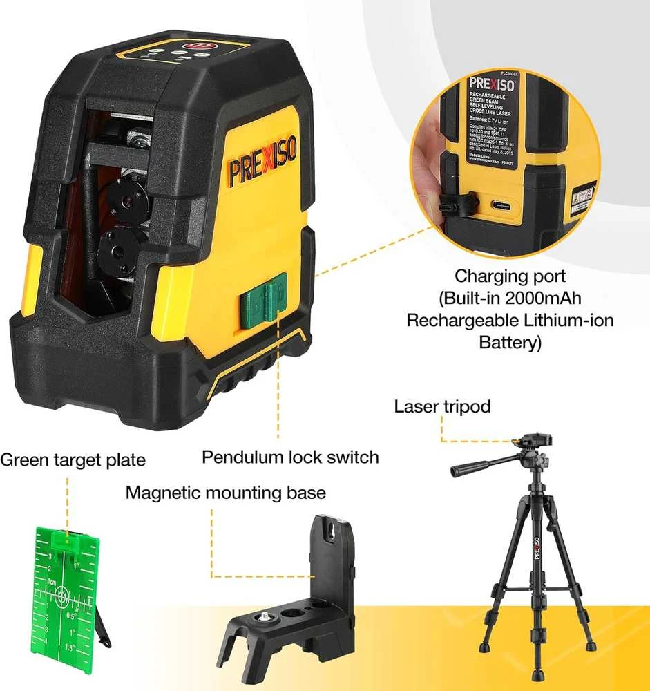 Prexiso kryžminis lazeris su stovu, 30 m, USB įkrovimas, PLC30GLIT