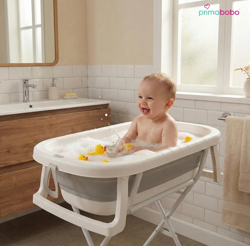 Primabobo sulankstoma kūdikio vonelė Milo su stovu, sėdyne, LCD termometru ir išleidimo žarna