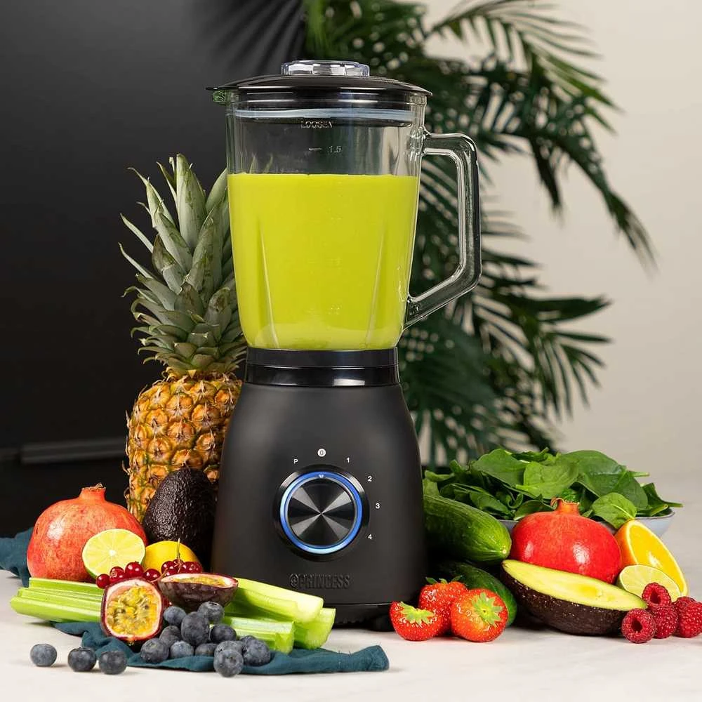 Princess stacionarus blenderis, 1000 W, 1,5 l stiklinis ąsotis, 4 greičiai, juodas, nerūdijantis plienas