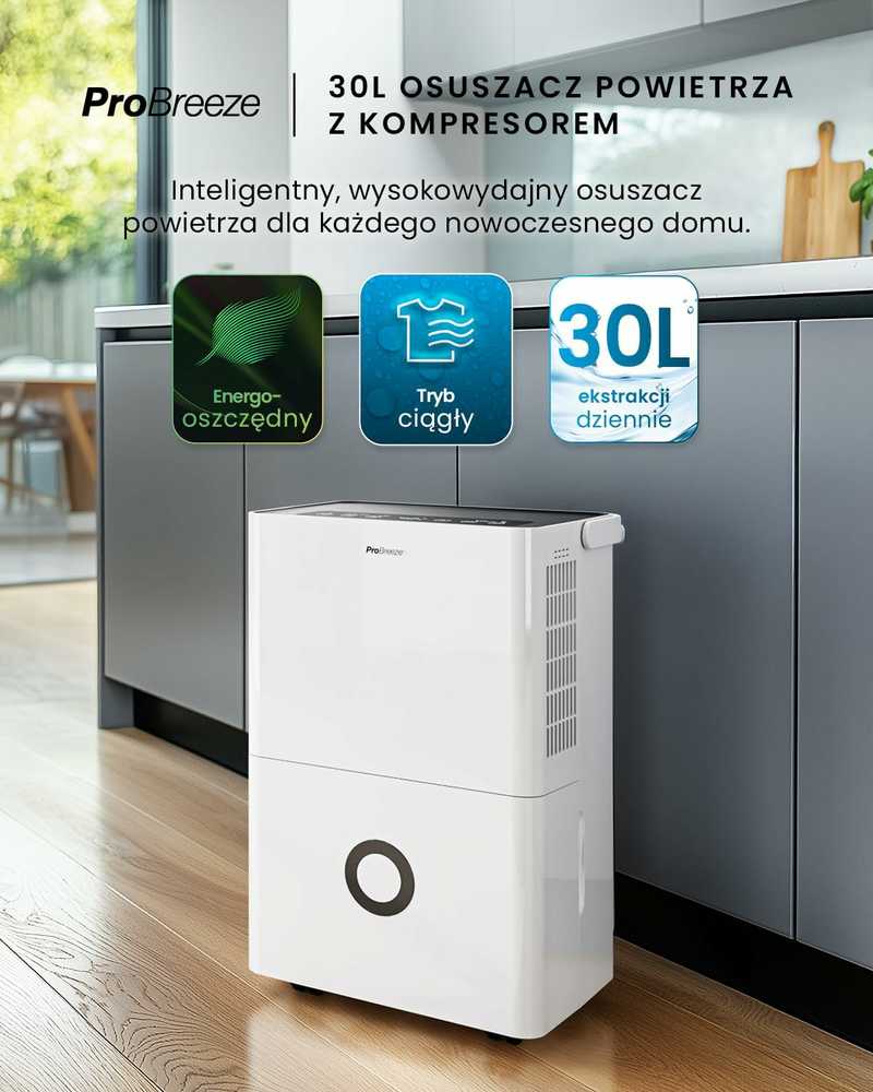Pro Breeze kompresorinis oro sausintuvas 30 l/24 h su Wi‑Fi, 4 l bakeliu ir higrostatu