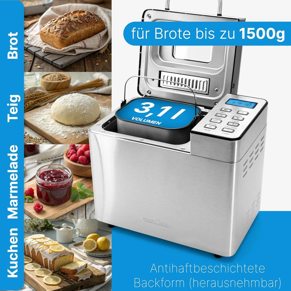 Duonkepė Profi Cook duonos kepimo aparatas nerūdijančio plieno, 3,1 l talpa, 13 programų, PC-BBA1282