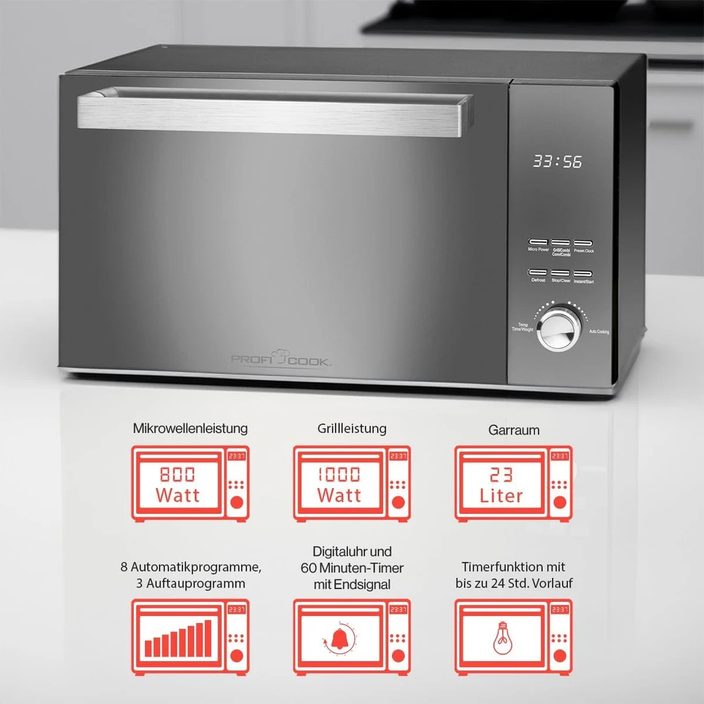 Profi Cook mikrobangų krosnelė su griliu 23 l, 800 W, PC-MWG 1204