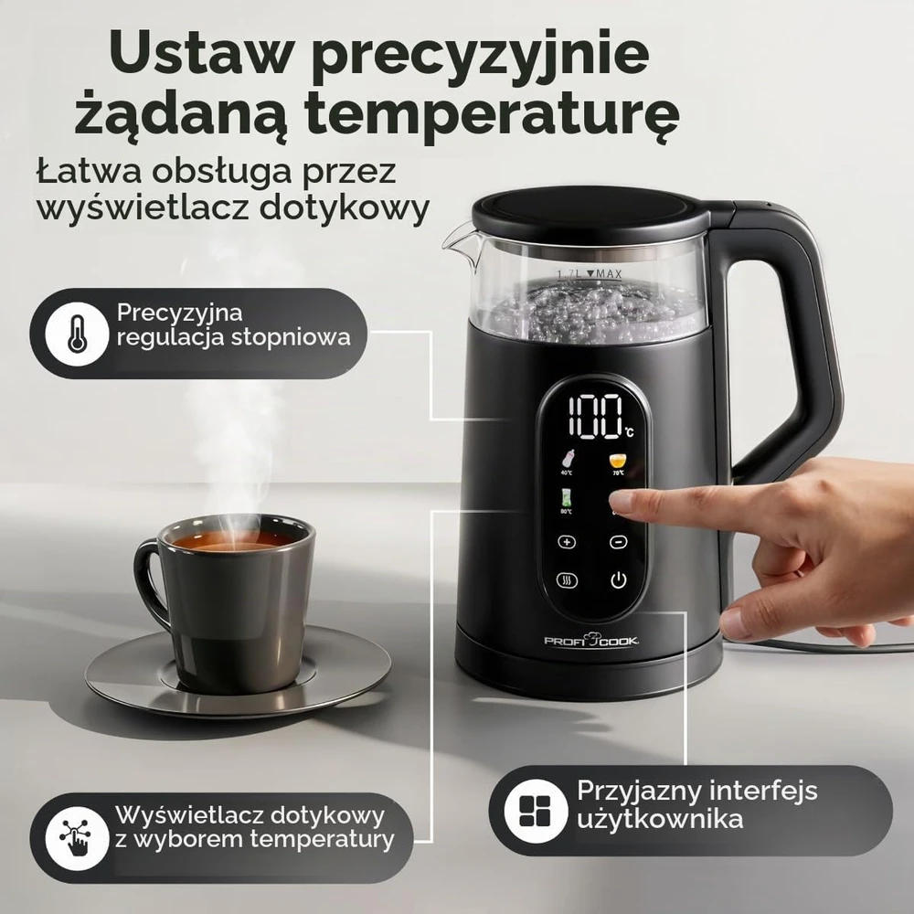 Profi Cook ProfiCook PC-WK 1328 elektrinis virdulys 1.7 L 2200 W Juodas, permatomas