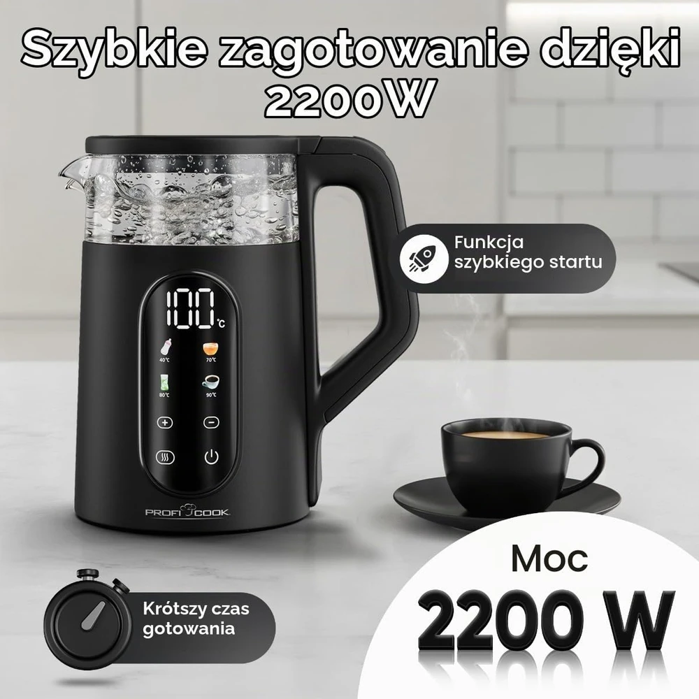 Profi Cook ProfiCook PC-WK 1328 elektrinis virdulys 1.7 L 2200 W Juodas, permatomas