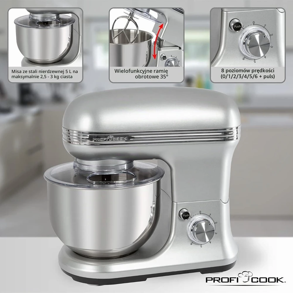 Profi Cook ProfiCook virtuvinis kombainas tešlai minkyti, 1200 W, su 5 l dubeniu ir virtuvinėmis svarstyklėmis, PC-KM1222W
