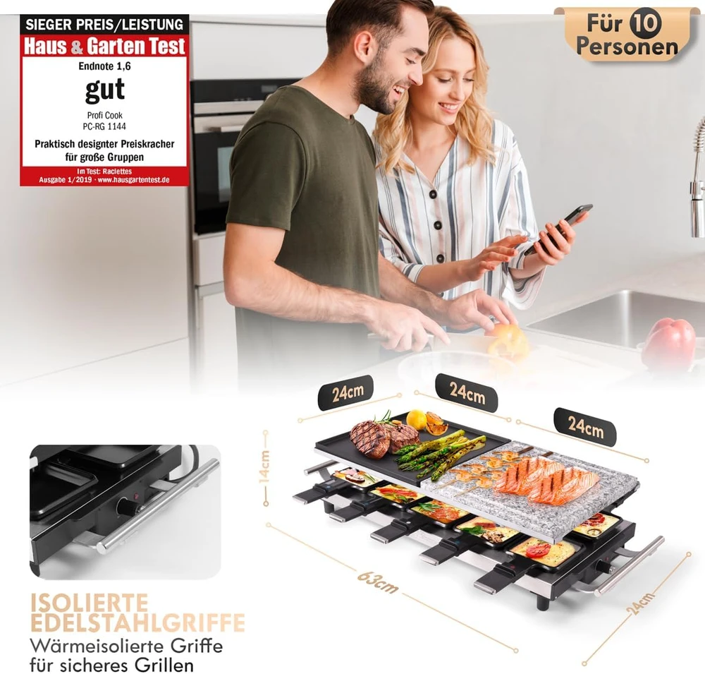Profi Cook raclette grilis 10 asmenų su akmens ir grilio plokštėmis PC-RG 1144
