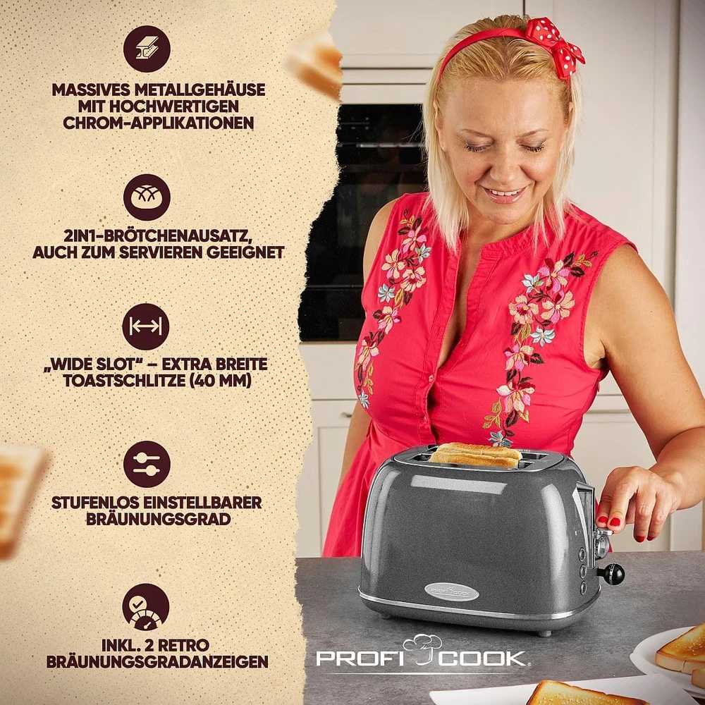 Profi Cook retro skrudintuvas 2 riekėms su 40 mm angomis ir bandelių laikikliu 511193