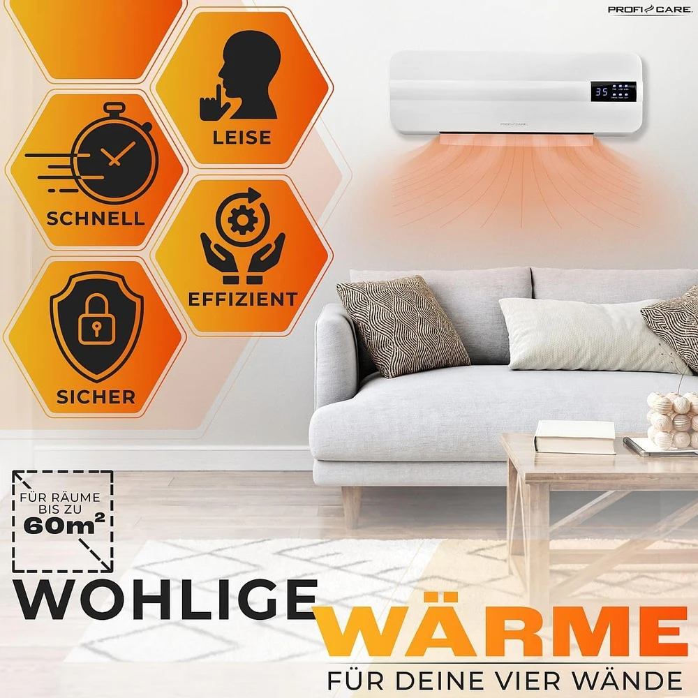 Proficare keraminis sieninis šildytuvas, 2000 W, iki 60 m², PC-HL 3116