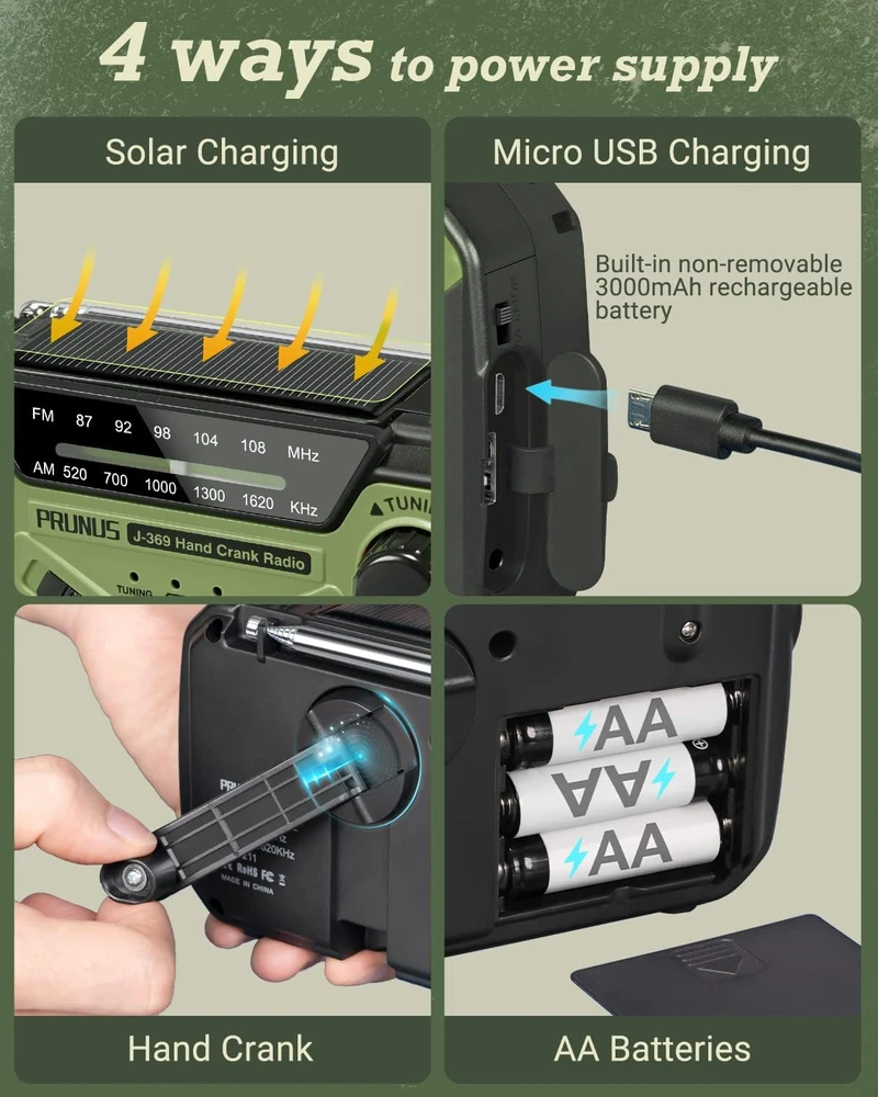 PRUNUS avarinis radijas AM/FM su saulės įkrovimu, 3000 mAh powerbanku ir SOS J-369