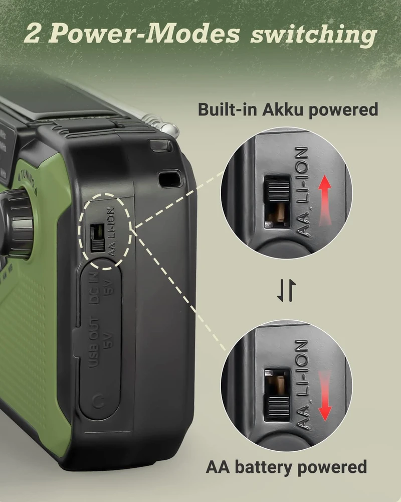 PRUNUS avarinis radijas AM/FM su saulės įkrovimu, 3000 mAh powerbanku ir SOS J-369