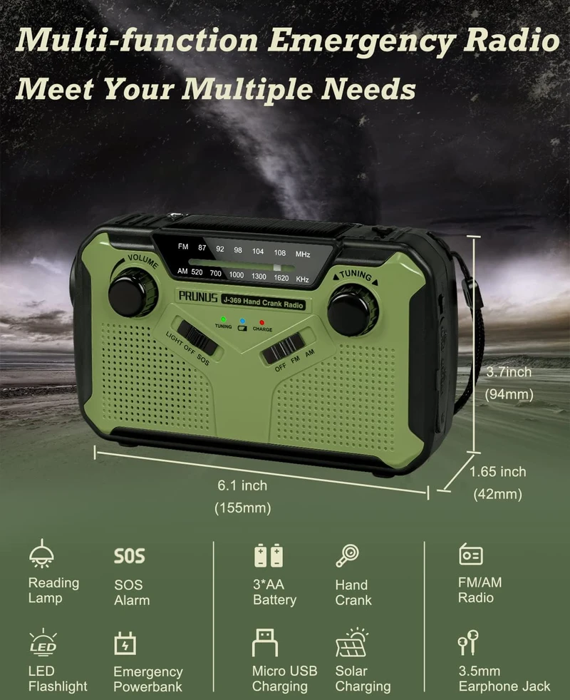 PRUNUS avarinis radijas AM/FM su saulės įkrovimu, 3000 mAh powerbanku ir SOS J-369