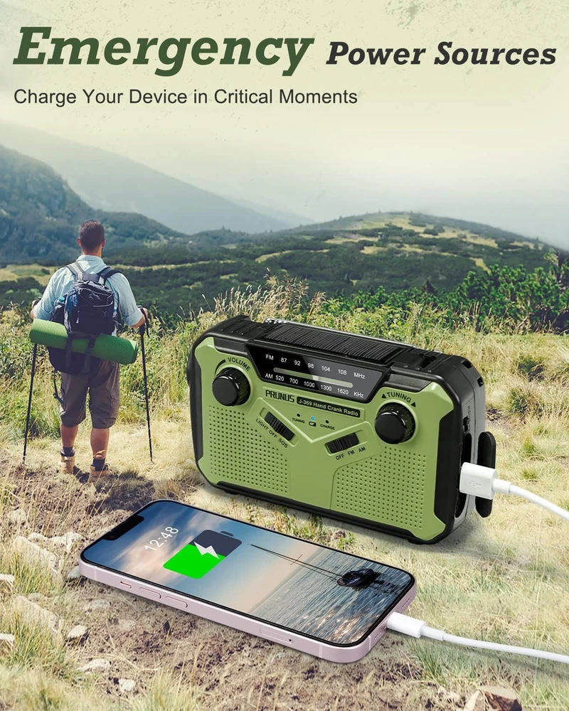 PRUNUS avarinis radijas AM/FM su saulės įkrovimu, 3000 mAh powerbanku ir SOS J-369