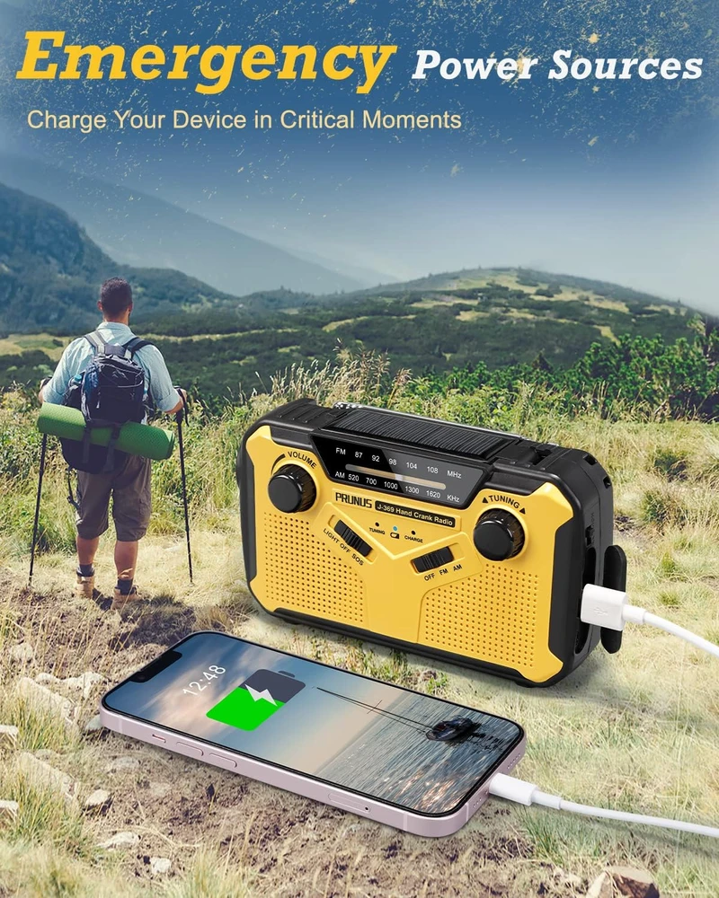 PRUNUS avarinis radijas su rankine ir saulės įkrova, AM/FM, 3000 mAh J-369