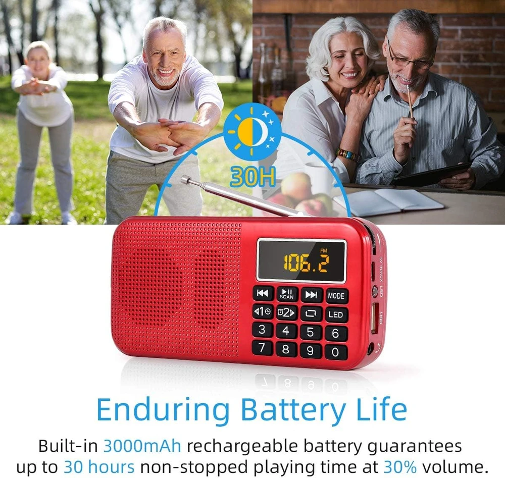 PRUNUS nešiojamas FM radijas su skaitmeniniu laikrodžiu, 3000 mAh akumuliatoriumi, USB/SD/AUX grotuvas, J-725