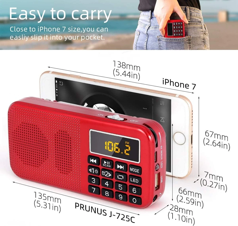 PRUNUS nešiojamas FM radijas su skaitmeniniu laikrodžiu, 3000 mAh akumuliatoriumi, USB/SD/AUX grotuvas, J-725