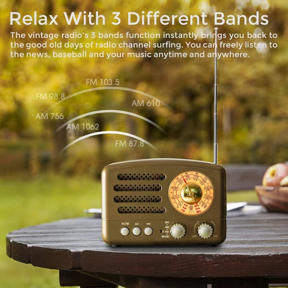 PRUNUS nešiojamas retro radijas su Bluetooth, FM/AM/SW, 1800 mAh akumuliatoriumi, J-160