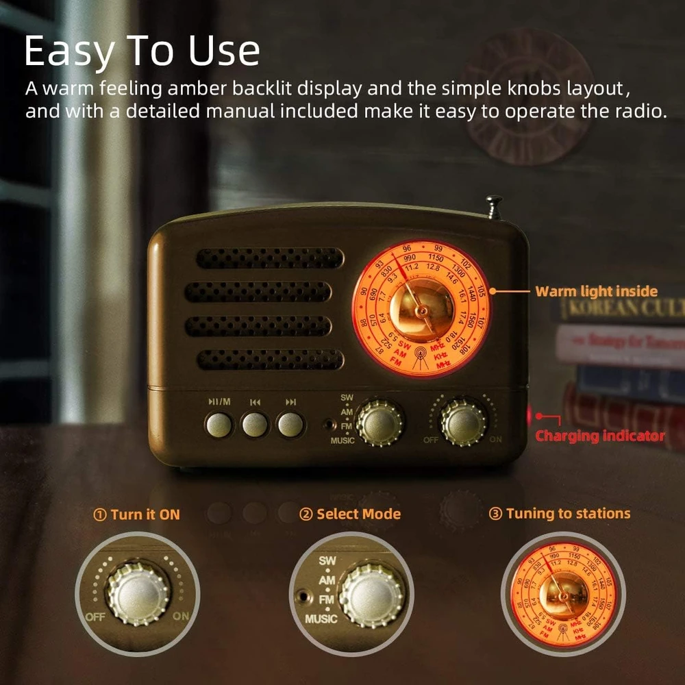 PRUNUS nešiojamas retro radijas su Bluetooth, FM/AM/SW, 1800 mAh akumuliatoriumi, J-160