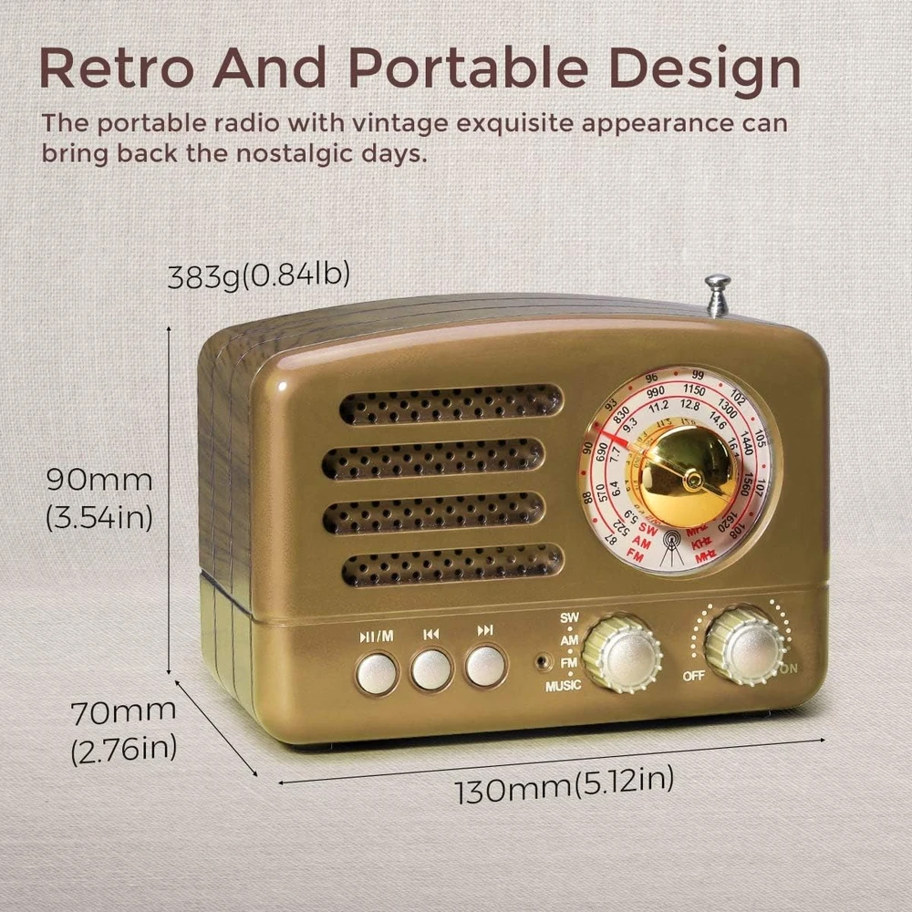 PRUNUS nešiojamas retro radijas su Bluetooth, FM/AM/SW, 1800 mAh akumuliatoriumi, J-160