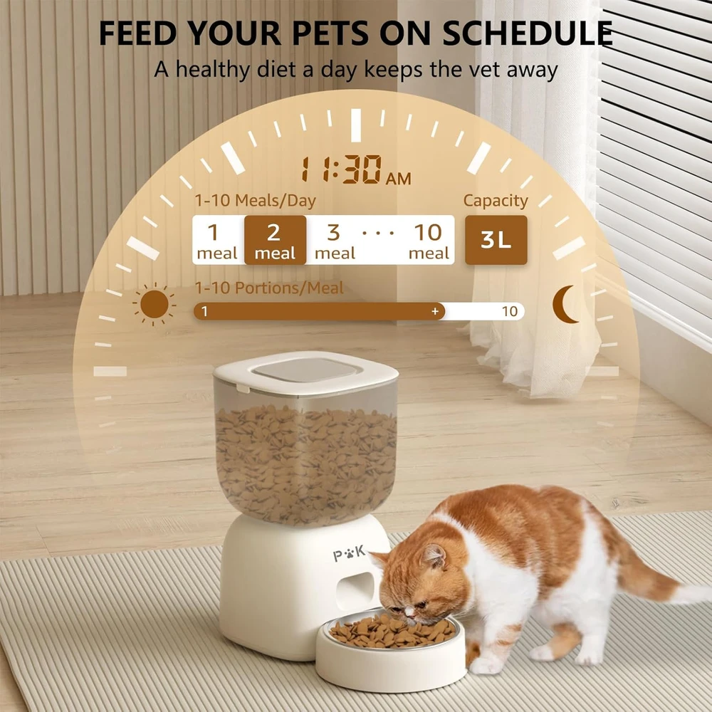 PUPPY KITTY automatinis kačių ėdalo dozatorius su Wi-Fi, balso įrašymu, 3 l, nerūdijančio plieno dubenėlis, Cain