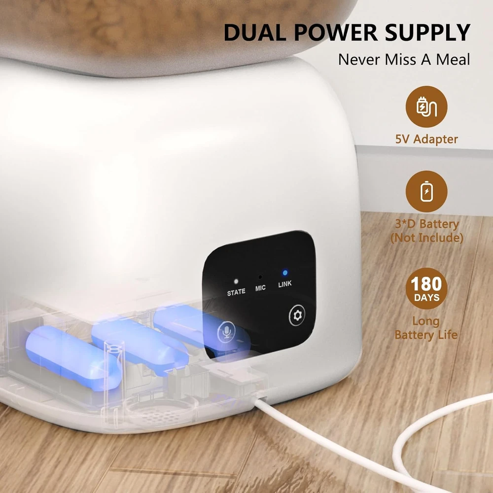 PUPPY KITTY automatinis kačių ėdalo dozatorius su Wi-Fi, balso įrašymu, 3 l, nerūdijančio plieno dubenėlis, Cain