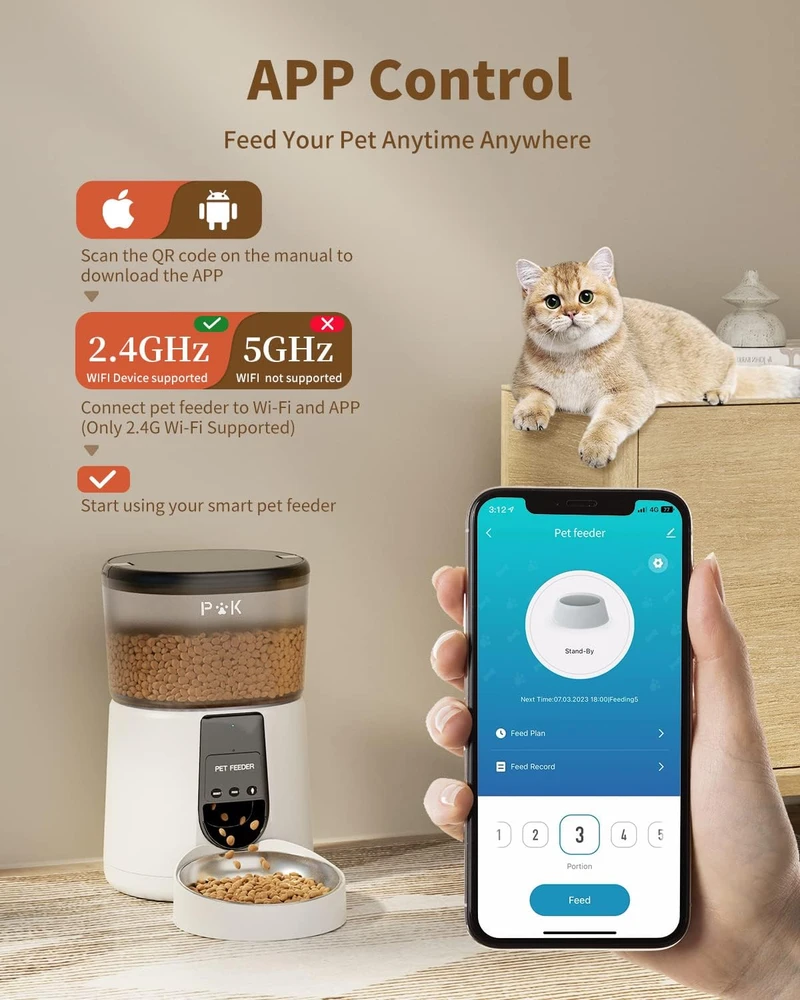 PUPPY KITTY automatinis šėrytuvas katėms ir šunims, Wi-Fi, nerūdijančio plieno dubuo, 4 l talpa, DU35L-WT