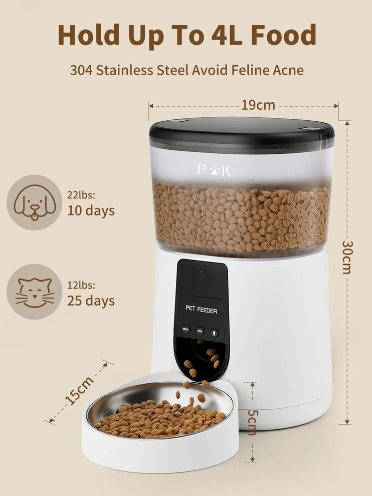 PUPPY KITTY automatinis šėrytuvas katėms ir šunims, Wi-Fi, nerūdijančio plieno dubuo, 4 l talpa, DU35L-WT