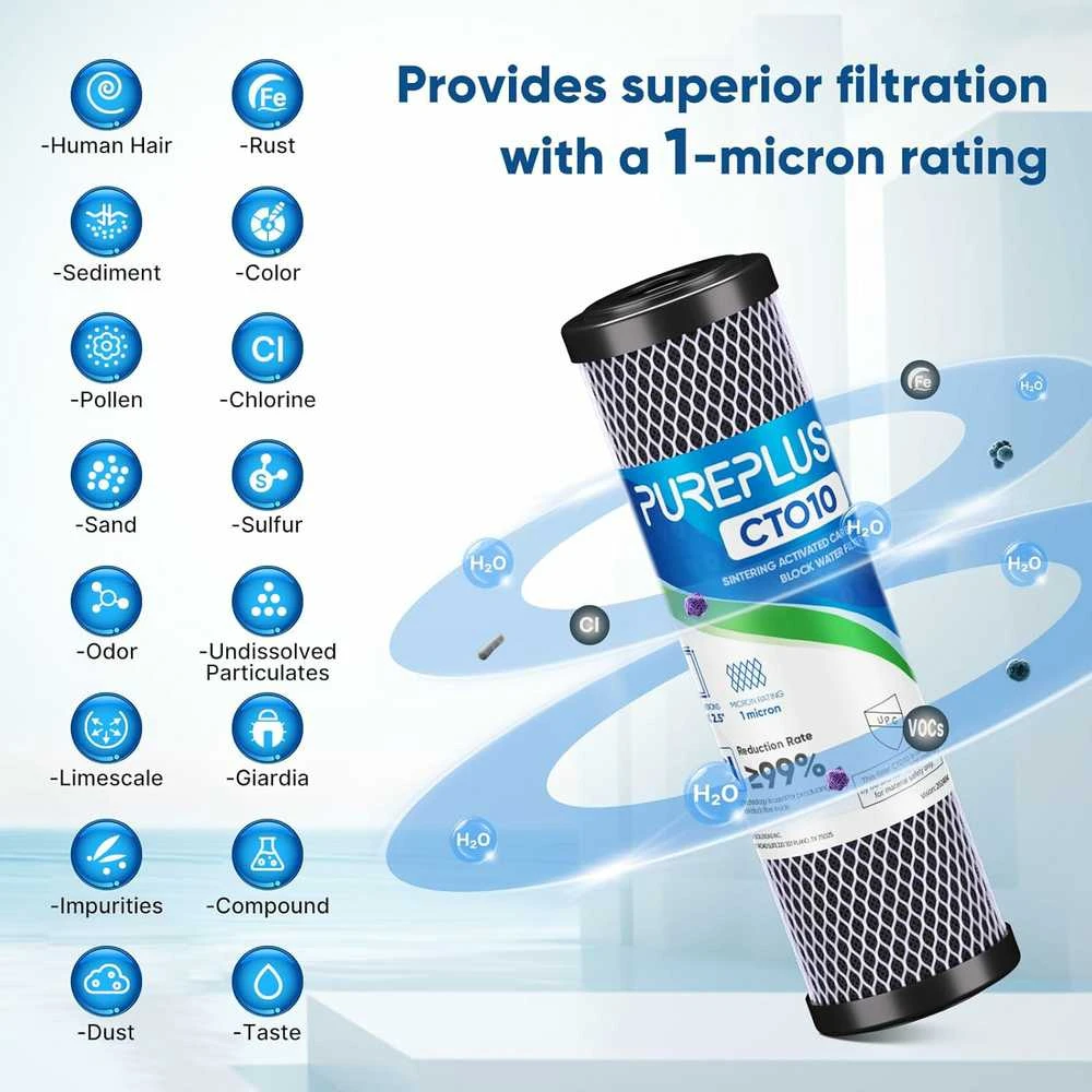 PUREPLUS vandens filtro įdėklas su aktyvuotu anglimi CTO, 2,5 x 10 colių, 1 mikrono, CTO10
