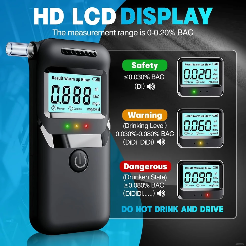 Qhpbuy alkotesteris su LCD ekranu, 0–0,20 % BAC matavimo diapazonu ir 20 kandiklių TS-004-AlcoholTester