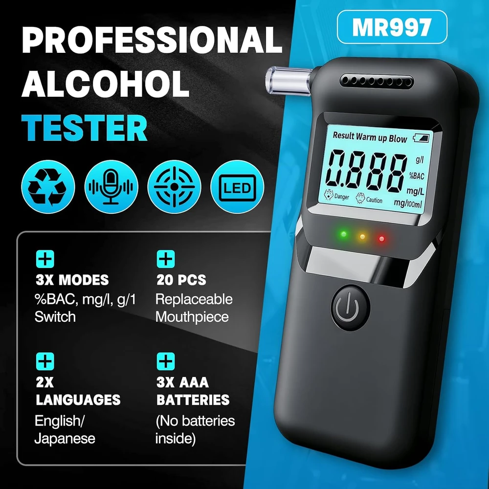 Qhpbuy alkotesteris su LCD ekranu, 0–0,20 % BAC matavimo diapazonu ir 20 kandiklių TS-004-AlcoholTester