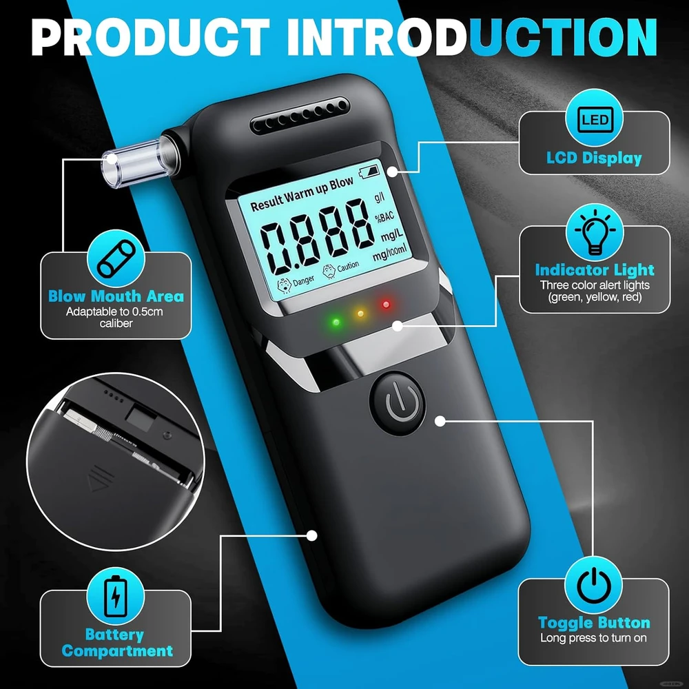 Qhpbuy alkotesteris su LCD ekranu, 0–0,20 % BAC matavimo diapazonu ir 20 kandiklių TS-004-AlcoholTester