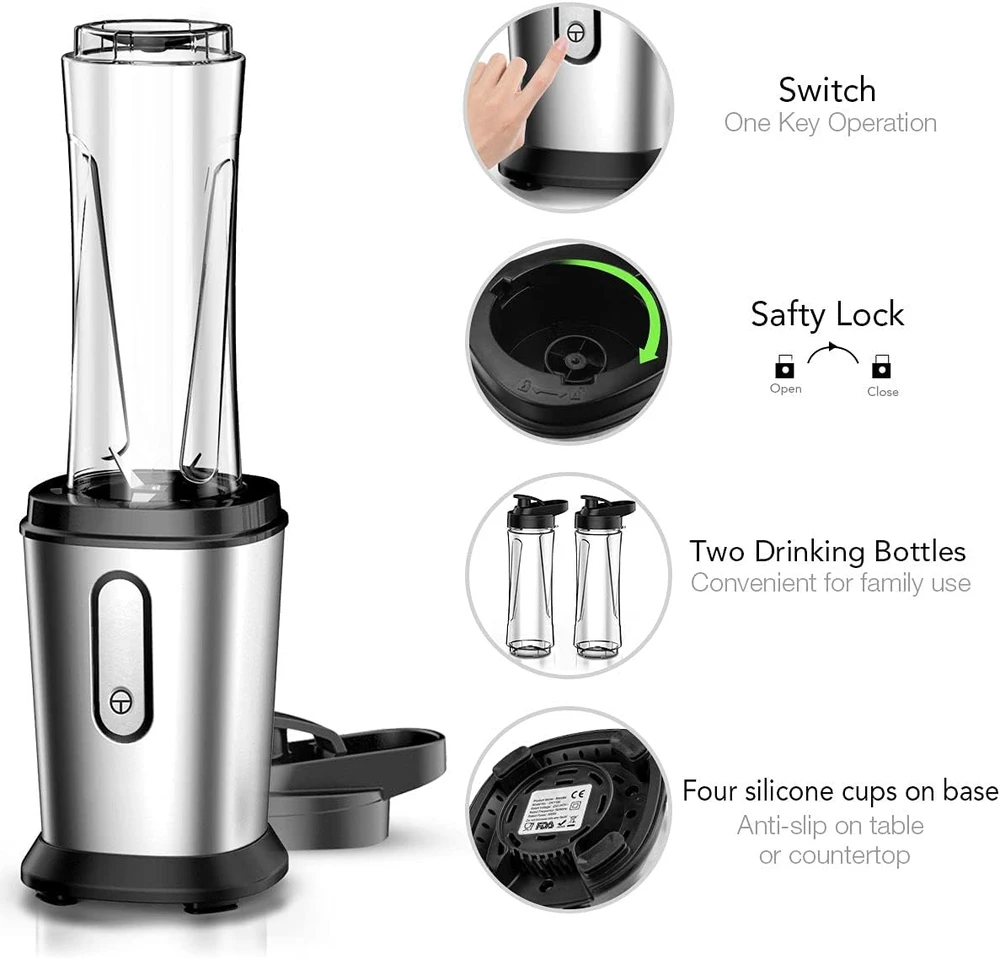 Qxmcov mini stacionarus blenderis 500 W su 2 tritano buteliais po 600 ml, nerūdijančio plieno peiliai