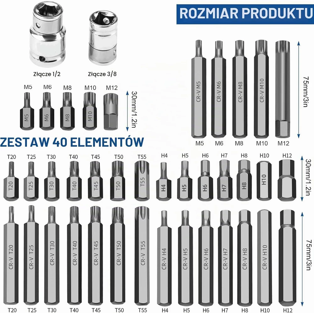 QZQUFJ 40 dalių Torx, šešiakampių ir daugiabriaunių antgalių rinkinys douille a choc