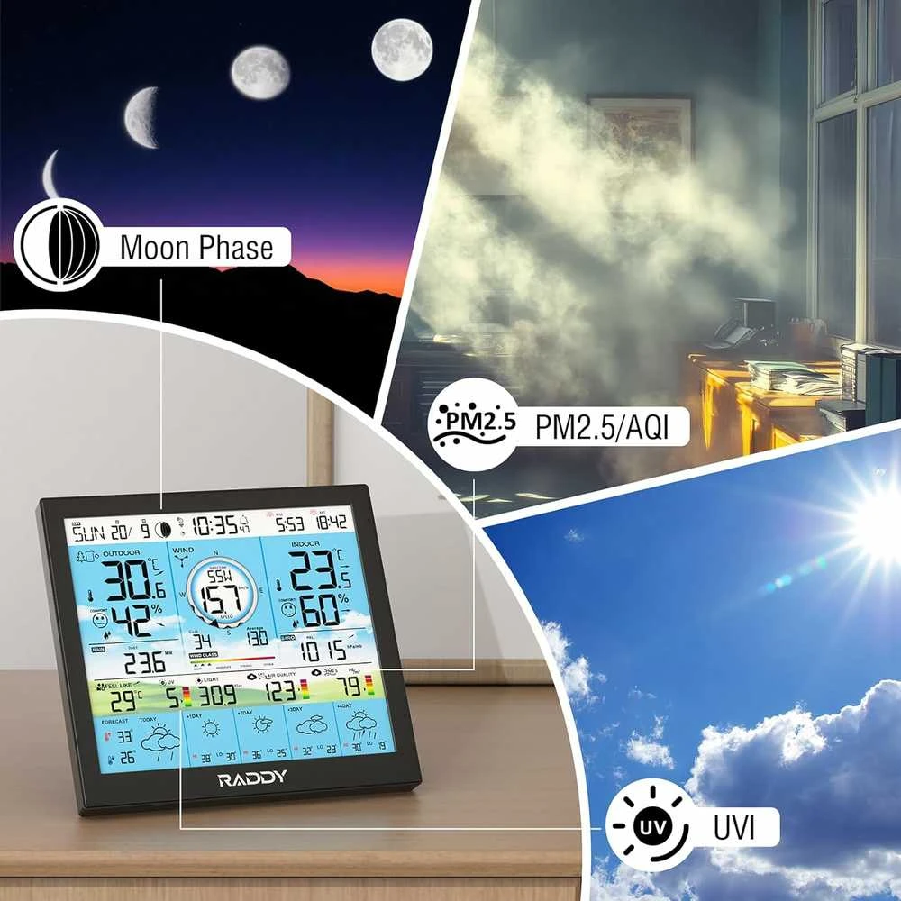 Raddy belaidė oro stotelė su Wi-Fi ir spalvotu 10 colių ekranu, vidaus ir lauko temperatūra WF-120P