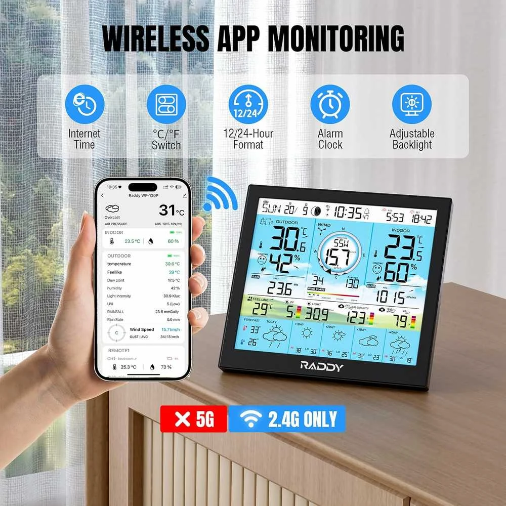 Raddy belaidė oro stotelė su Wi-Fi ir spalvotu 10 colių ekranu, vidaus ir lauko temperatūra WF-120P