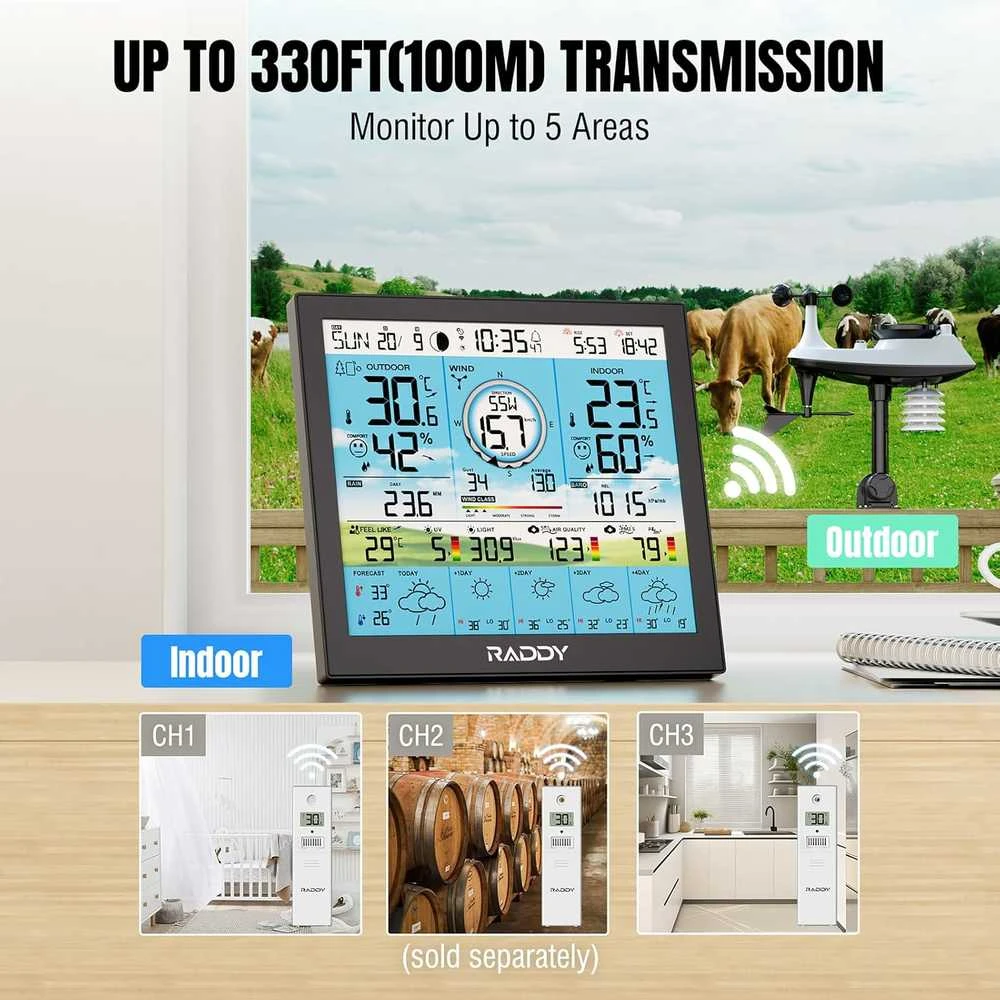 Raddy belaidė oro stotelė su Wi-Fi ir spalvotu 10 colių ekranu, vidaus ir lauko temperatūra WF-120P
