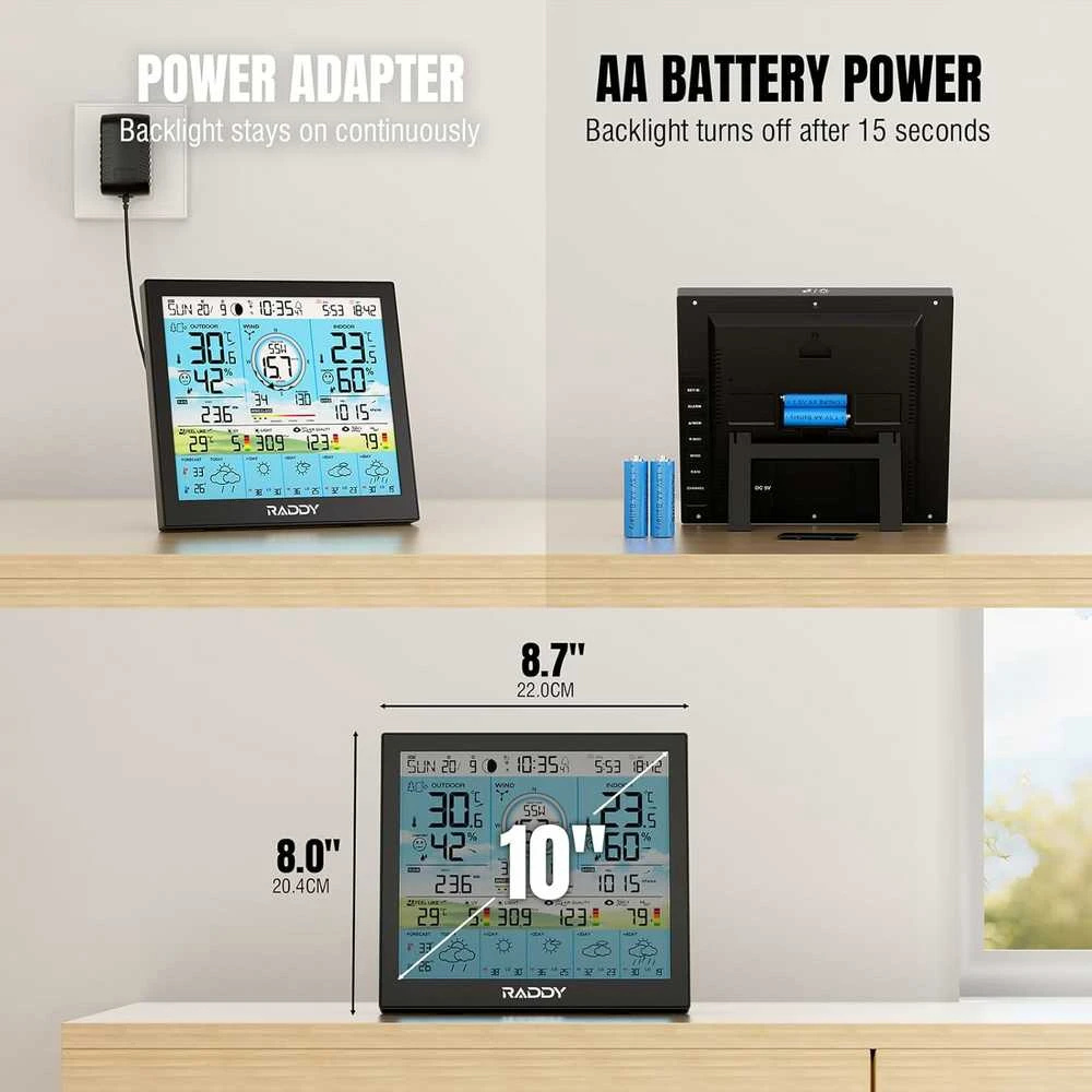 Raddy belaidė oro stotelė su Wi-Fi ir spalvotu 10 colių ekranu, vidaus ir lauko temperatūra WF-120P