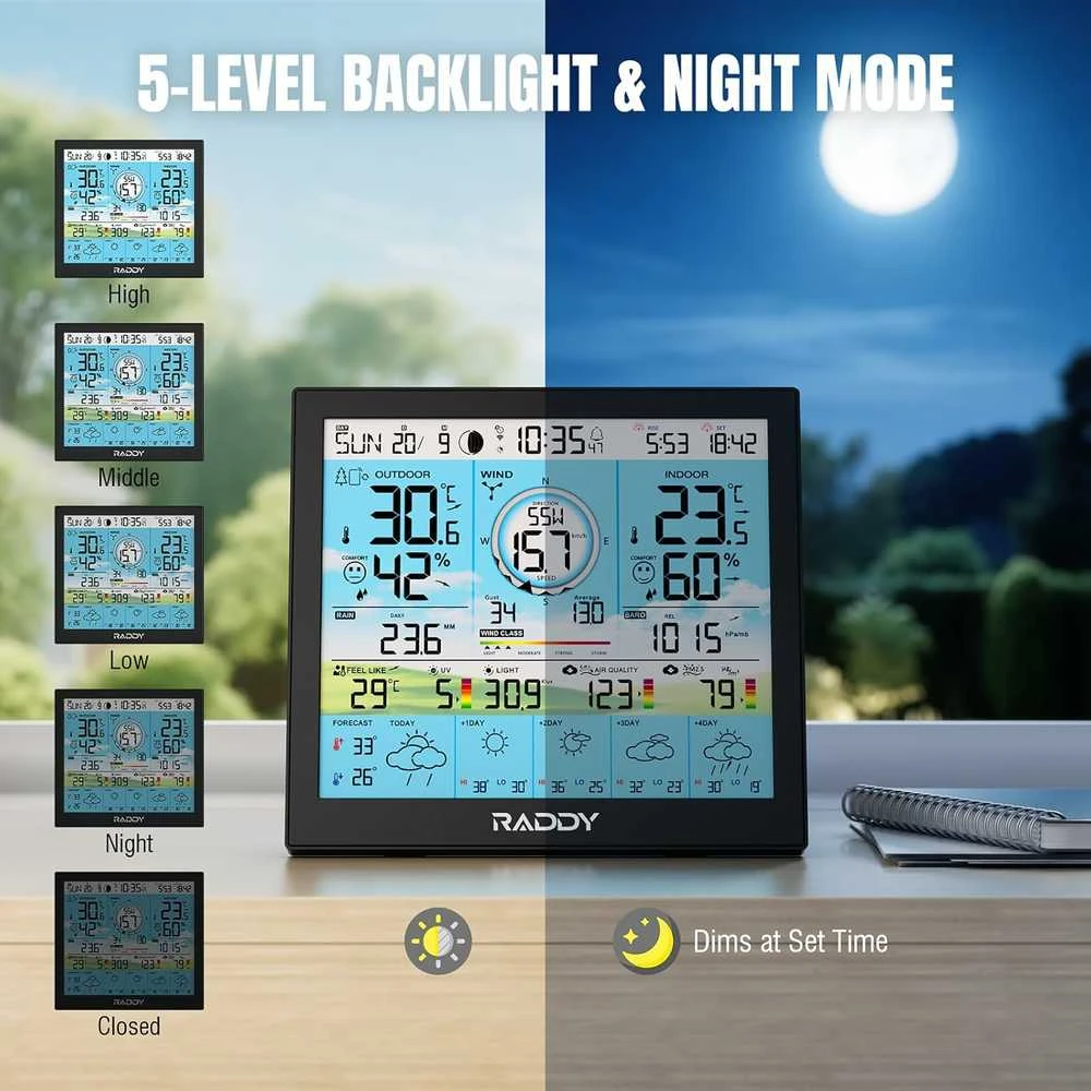 Raddy belaidė oro stotelė su Wi-Fi ir spalvotu 10 colių ekranu, vidaus ir lauko temperatūra WF-120P