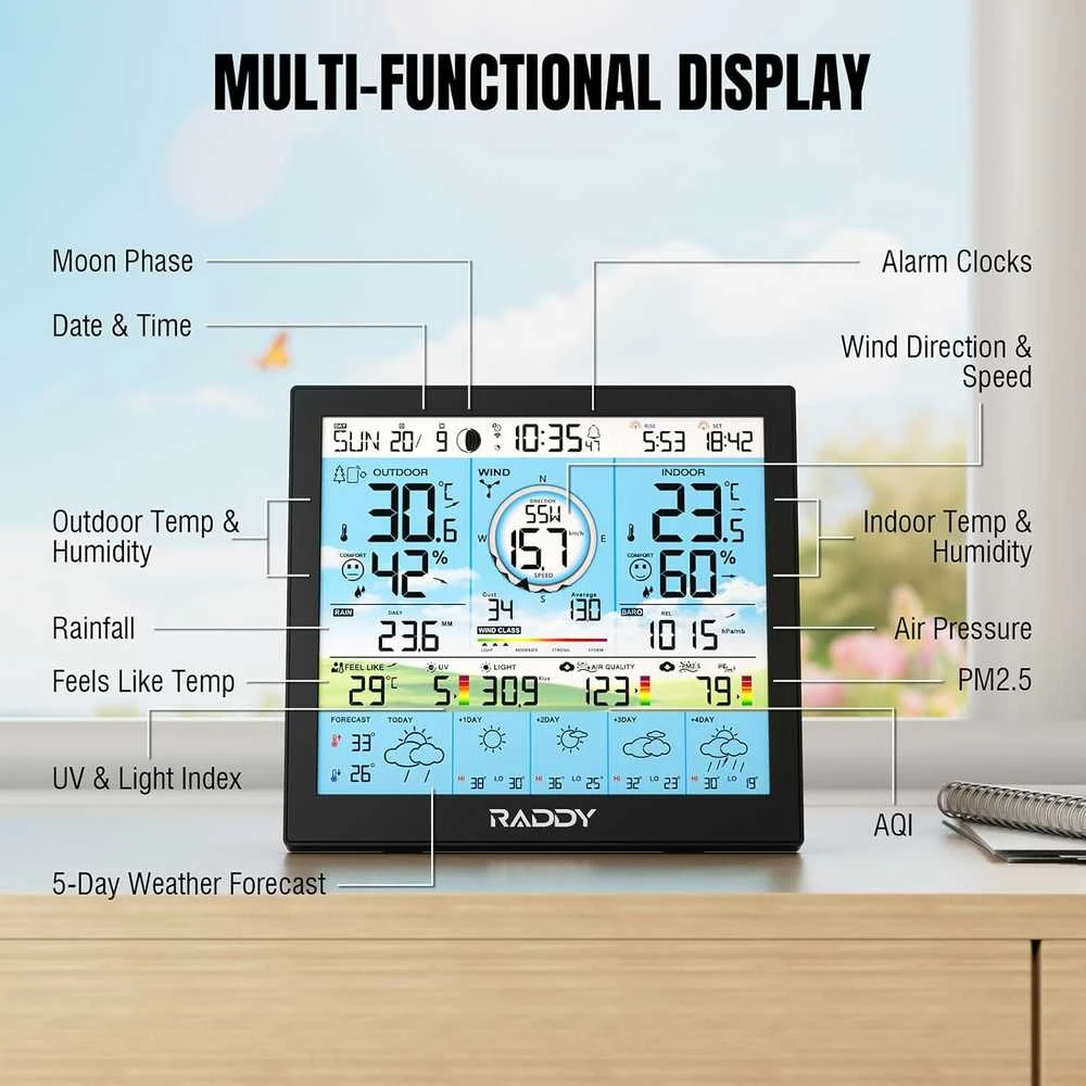 Raddy belaidė oro stotelė su Wi-Fi ir spalvotu 10 colių ekranu, vidaus ir lauko temperatūra WF-120P