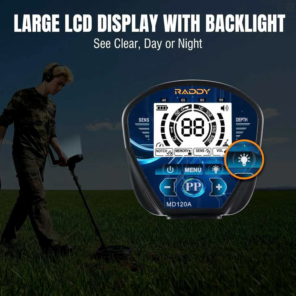 Raddy metalo detektorius MD120 A su vandeniui atsparia 10 colių rite ir LCD ekranu