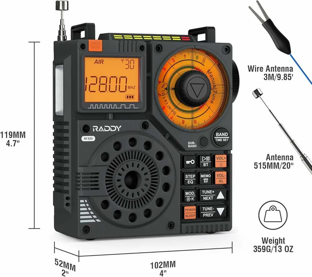 Raddy nešiojamas trumpųjų bangų radijas FM/AM/VHF/SW/AIR, Bluetooth, TF kortelė, RF320