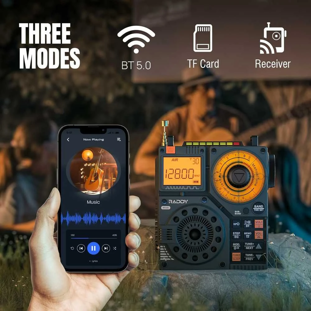Raddy nešiojamas trumpųjų bangų radijas FM/AM/VHF/SW/AIR, Bluetooth, TF kortelė, RF320