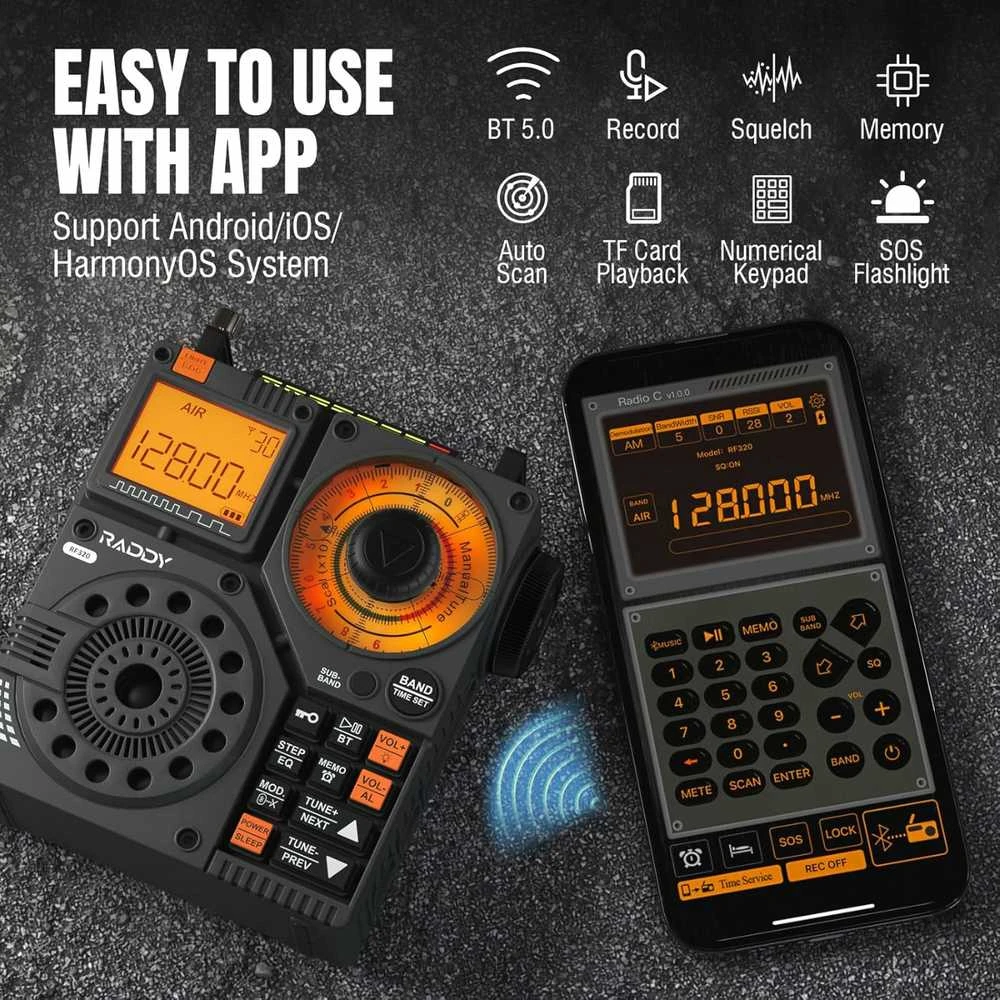 Raddy nešiojamas trumpųjų bangų radijas FM/AM/VHF/SW/AIR, Bluetooth, TF kortelė, RF320
